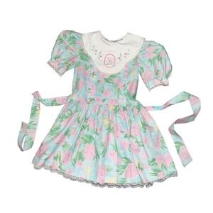 Girls' Pastel Floral Dress with Embroidered Collar